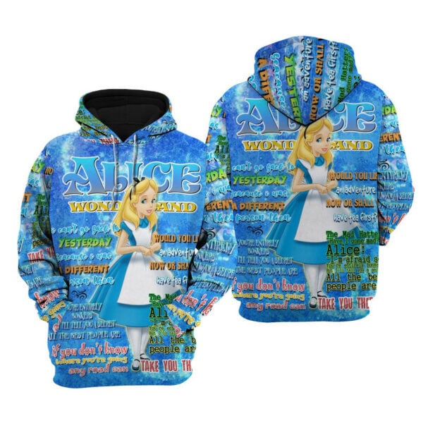 Alice Wonderland Words Pattern Disney Fan Gift Stylist Unisex Cartoon Graphic Outfits Aop Hoodie, Zip Hoodie 1402