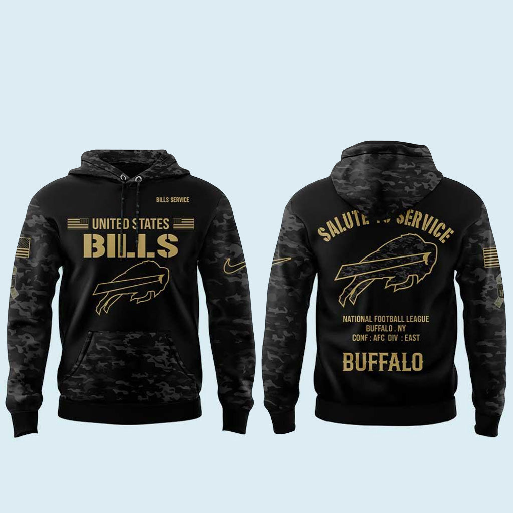 Buffalo Bills Salute To Service 2026 Black Camo Graphic Hoodie for Football Fans