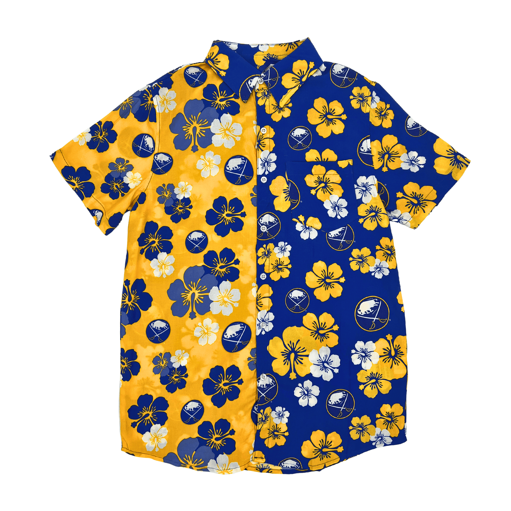 Buffalo Sabres Royal And Gold Split Floral Button Up Hawaiian Shirt Buffalo Sabres Clothes NHL Gifts For Fans