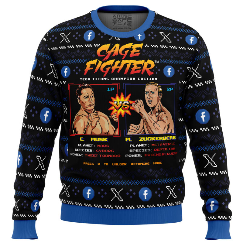 Cage Fighter Elun Mask vs.Mark Zuckerberg Funny Ugly Christmas Sweater