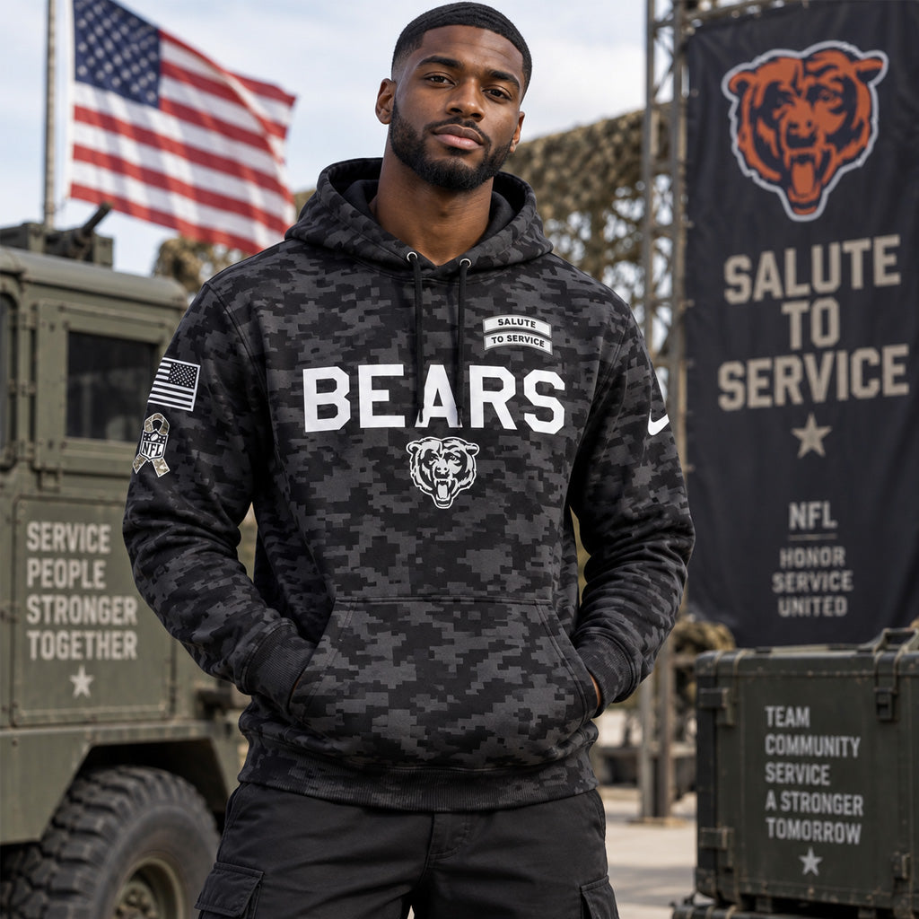Chicago Bears Salute To Service 2026 Black Camo Graphic Hoodie for Football Fans