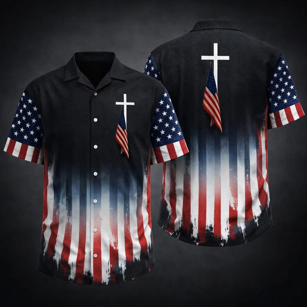 Christian USA Flag Hawaiian Shirt Cross Patriotic American Faith Apparel Gift For Men