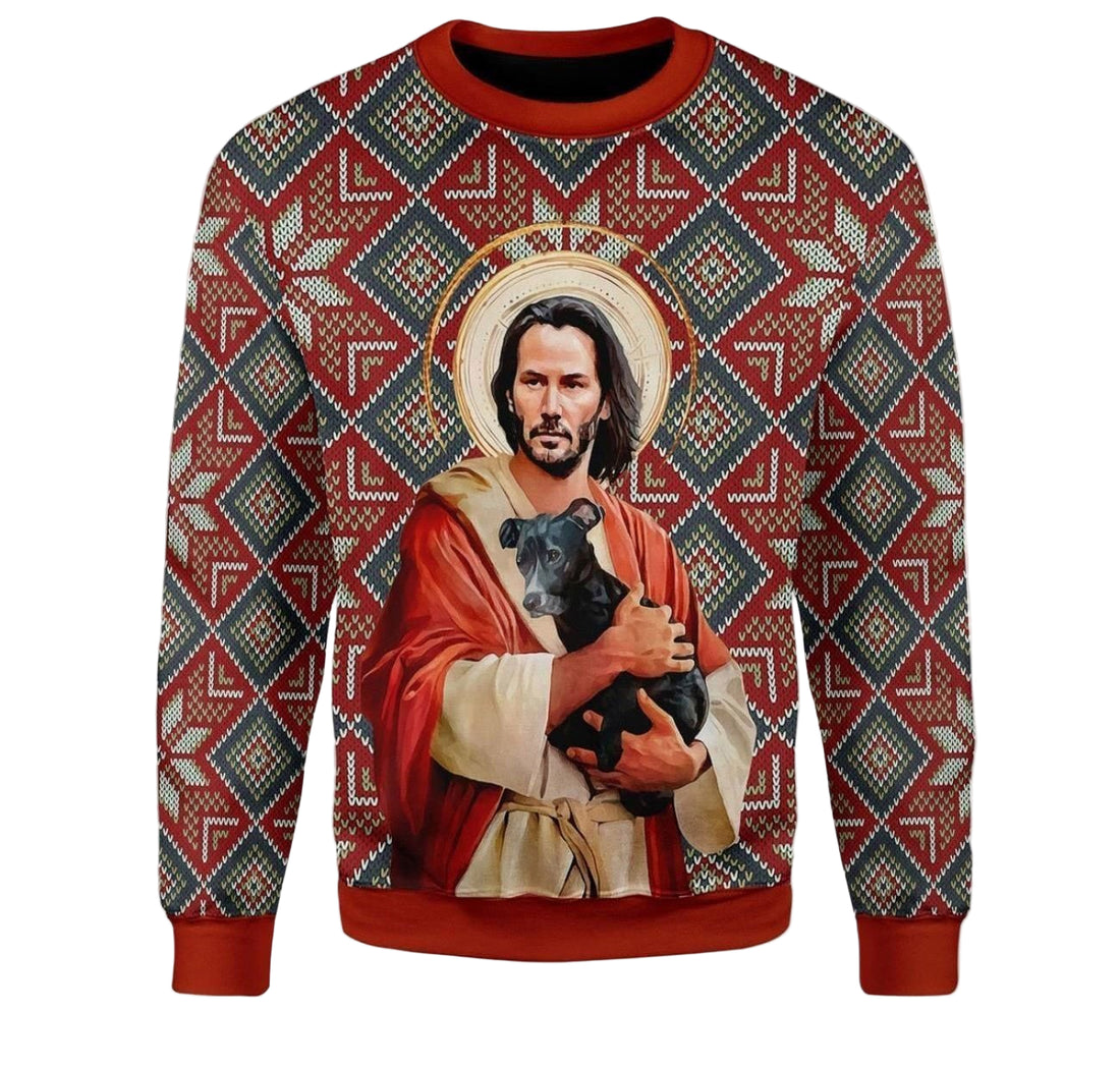 Christmas Patterns God Jesus Keanu Reeves With Dog Gift For Christmas Ugly Christmas Sweater