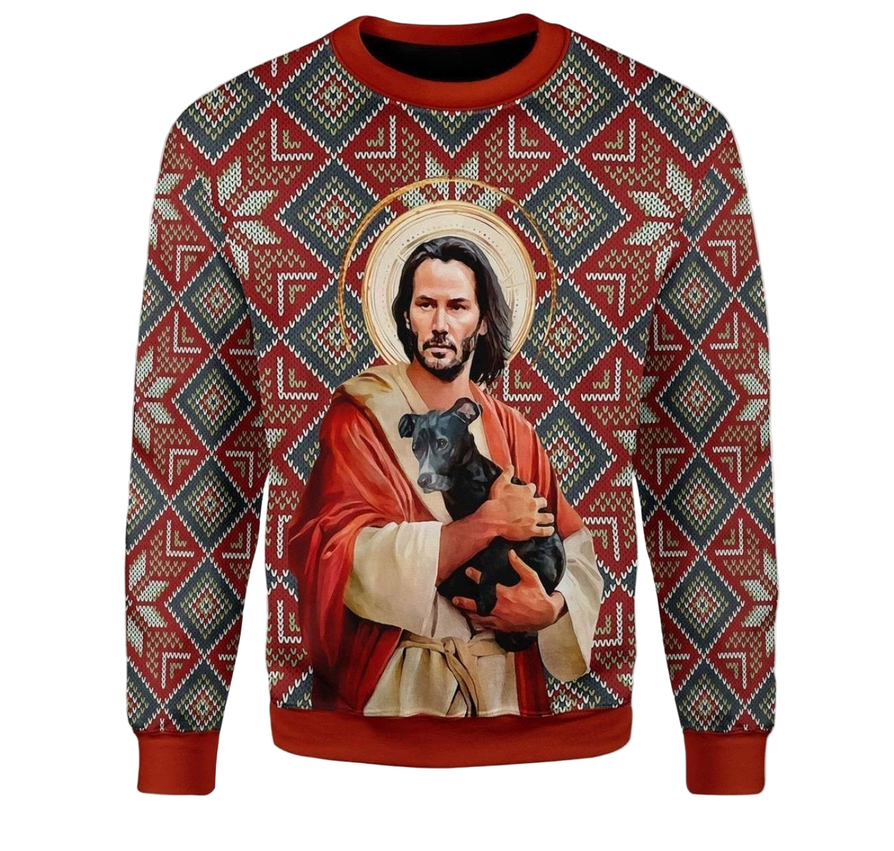 Christmas Patterns God Jesus Keanu Reeves With Dog Gift For Christmas Ugly Christmas Sweater