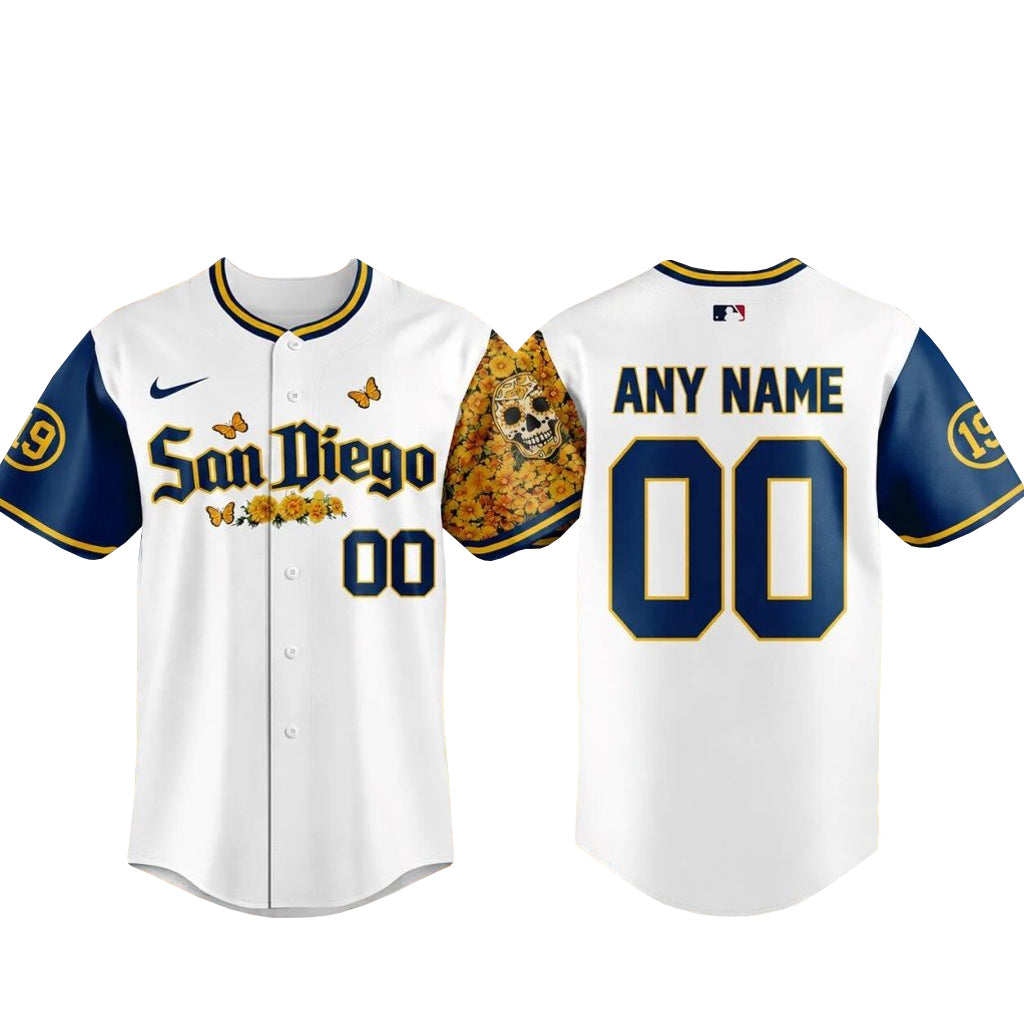 Custom Name And Number San Diego Padres Sugar Skull Butterfly Baseball Jersey for Baseball Fans