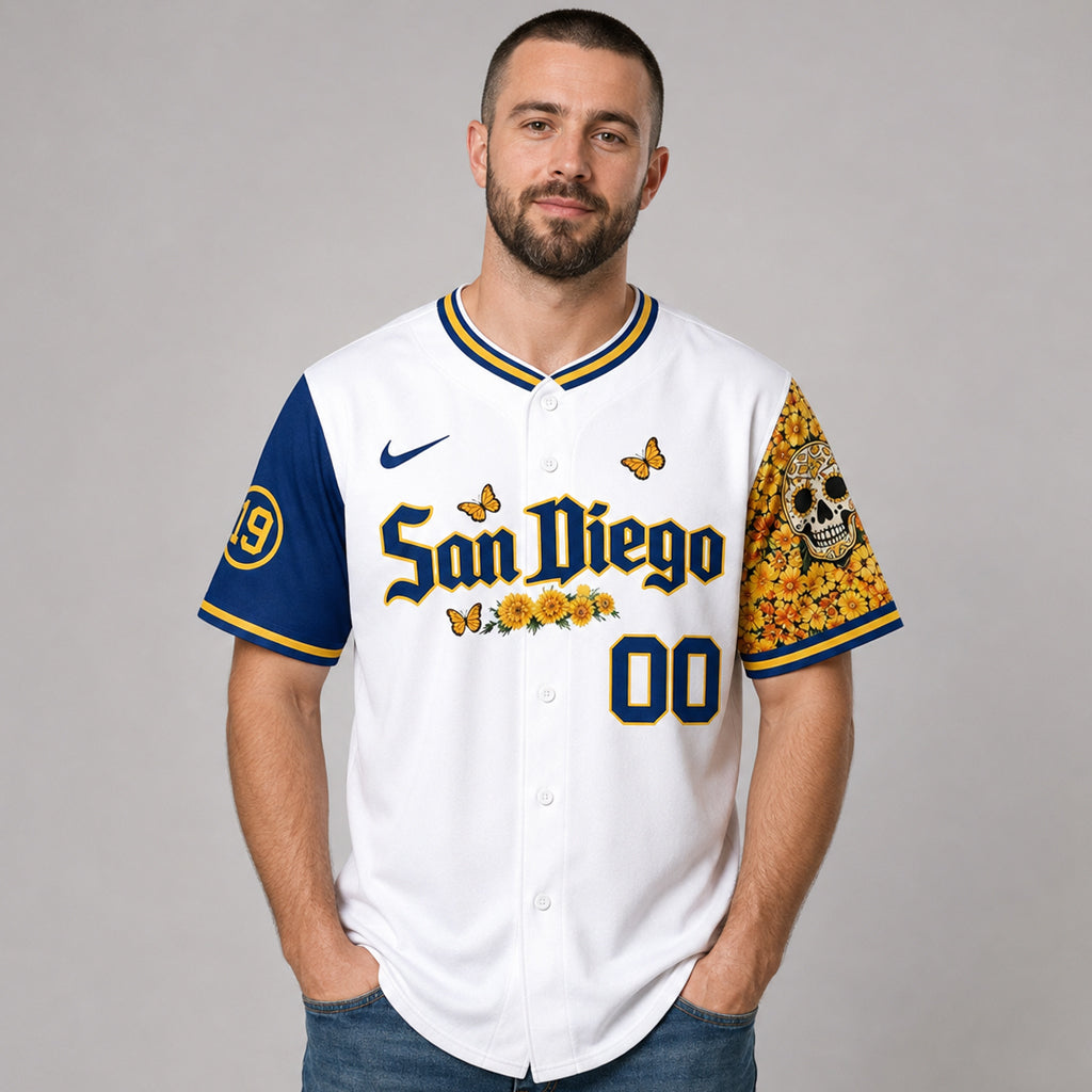 Custom Name And Number San Diego Padres Sugar Skull Butterfly Baseball Jersey for Baseball Fans