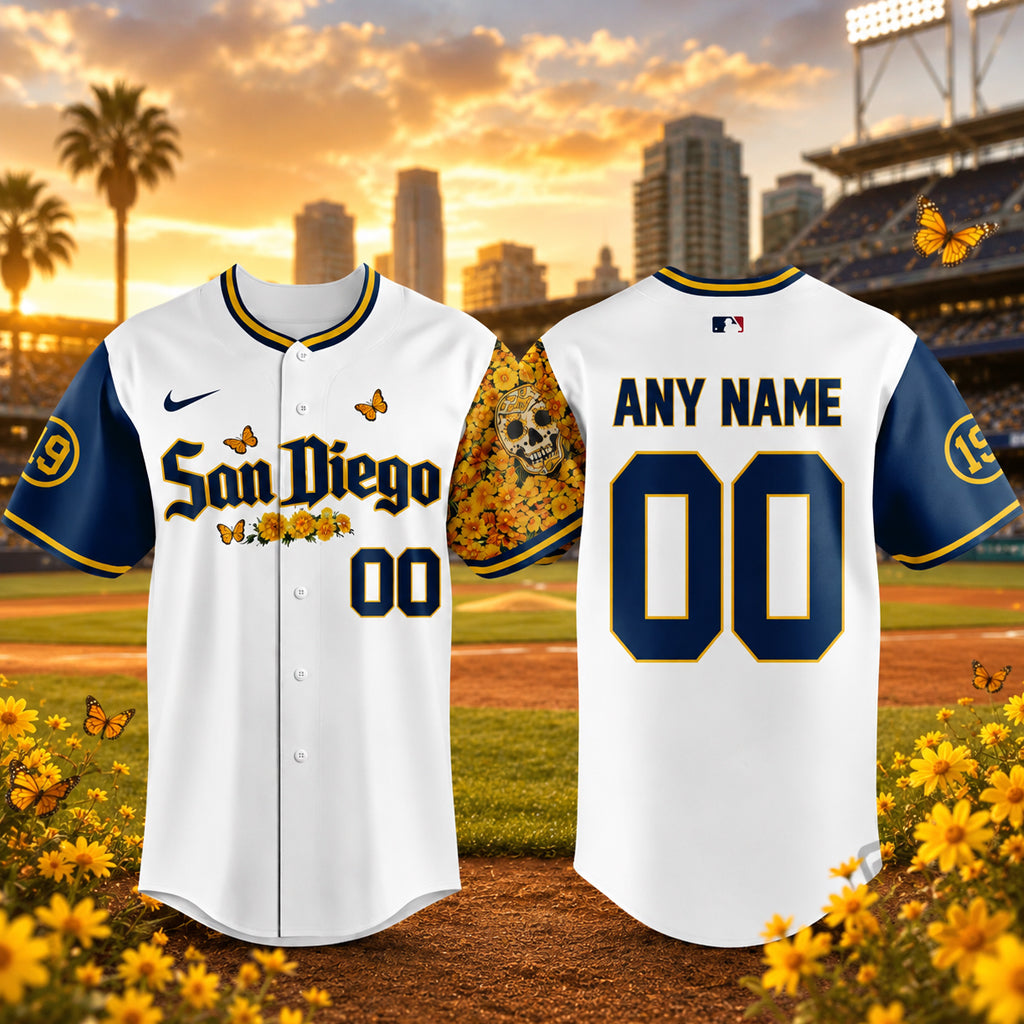 Custom Name And Number San Diego Padres Sugar Skull Butterfly Baseball Jersey for Baseball Fans