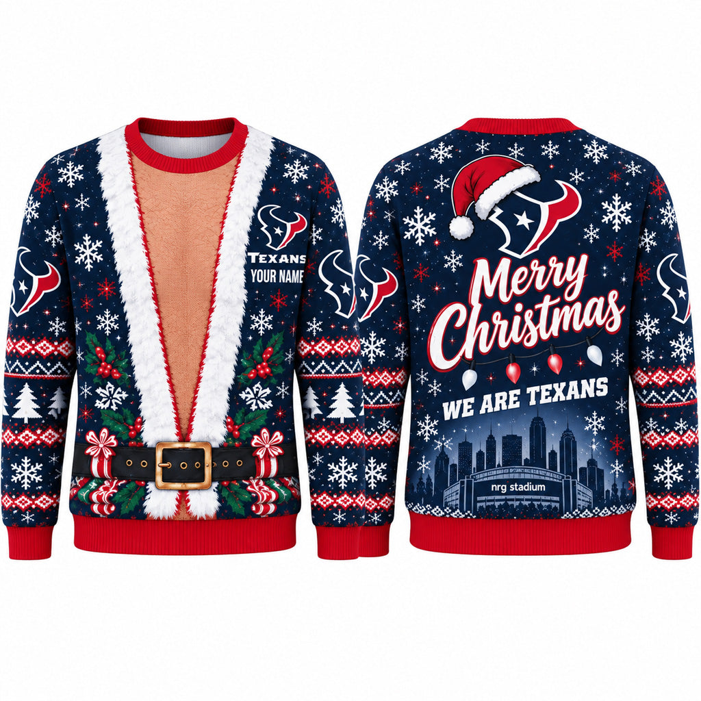 Custom Name Houston Texans Merry Christmas We Are Texas 2026 Ugly Sweater