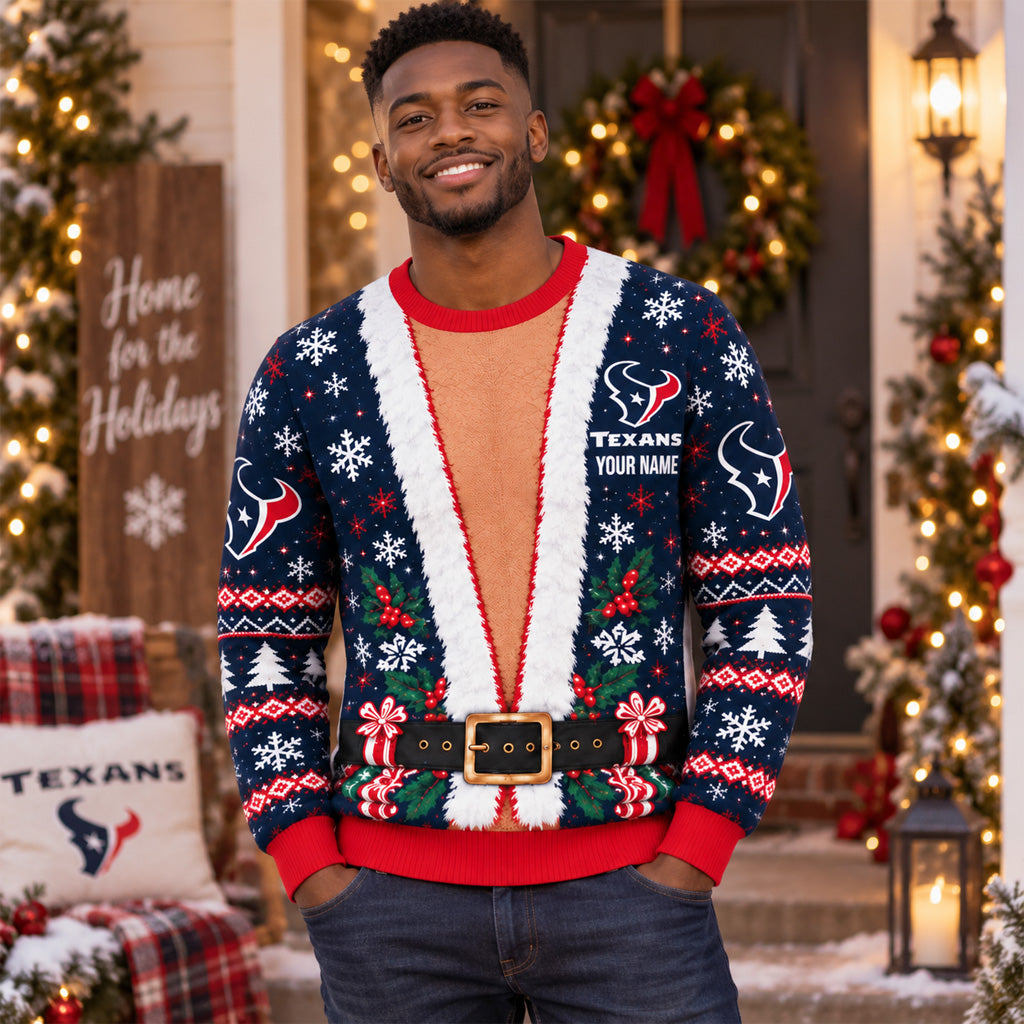 Custom Name Houston Texans Merry Christmas We Are Texas 2026 Ugly Sweater