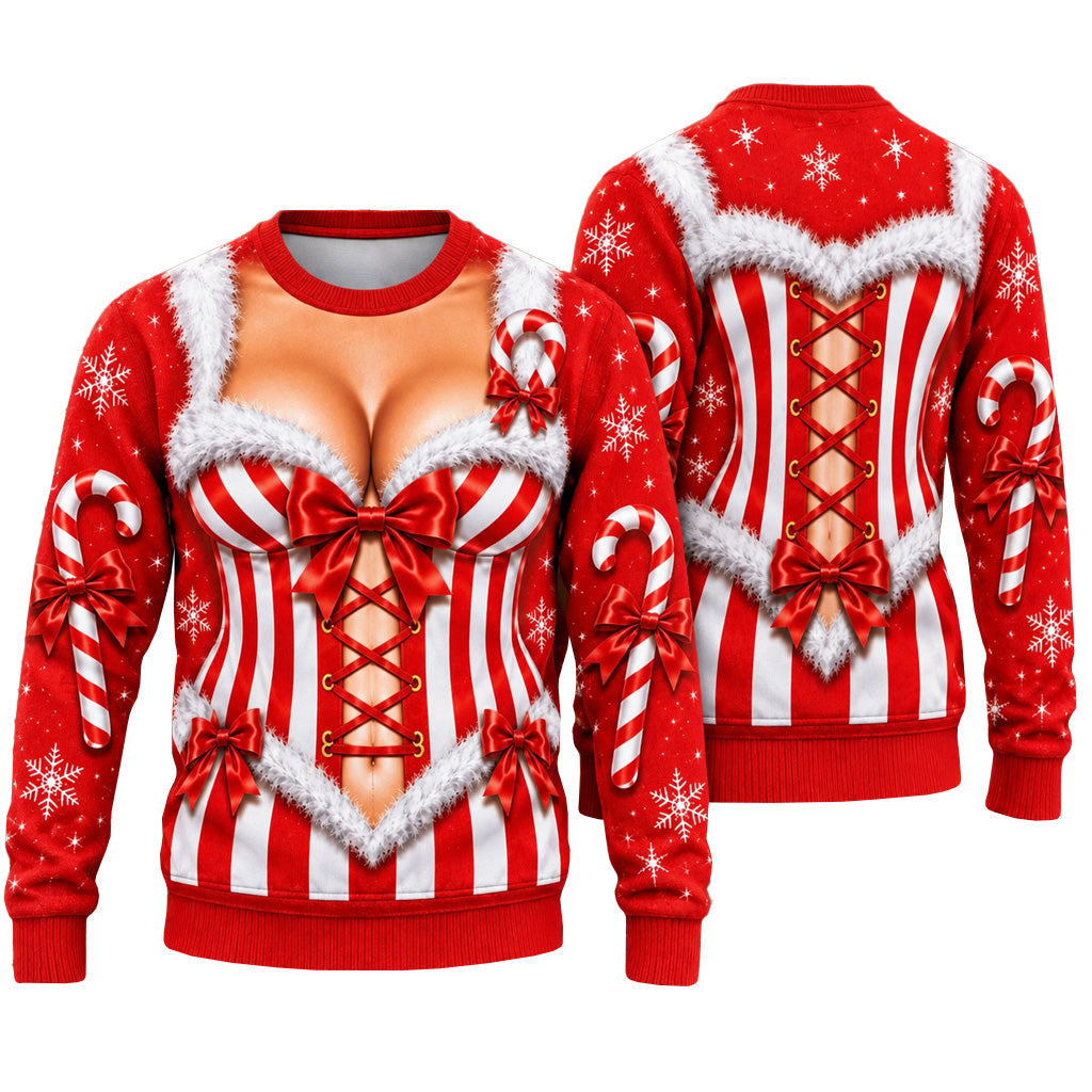 Funny Candy Cane Corset Cleavage Ugly Christmas Sweater for Christmas Fans