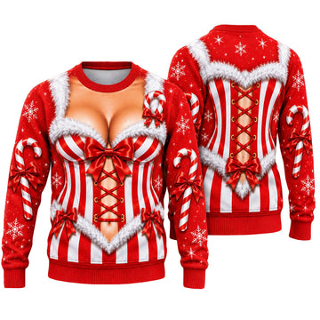 Funny Candy Cane Corset Cleavage Ugly Christmas Sweater for Christmas Fans