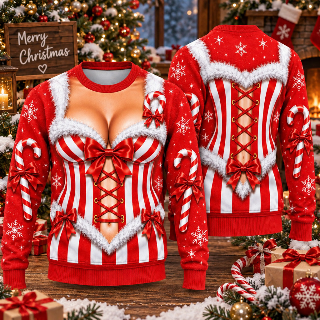 Funny Candy Cane Corset Cleavage Ugly Christmas Sweater for Christmas Fans