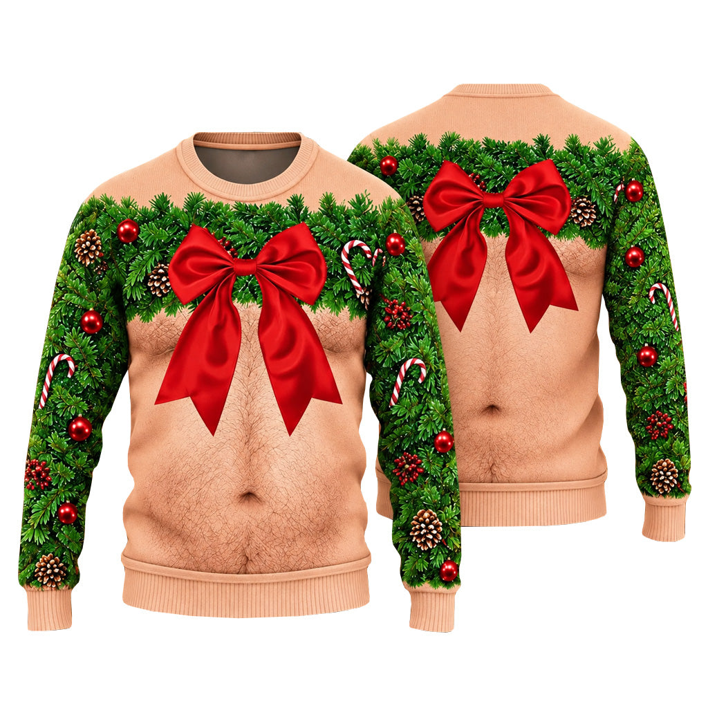 Funny Hairy Chest Wreath and Red Bow Ugly Christmas Sweater for Christmas Fans