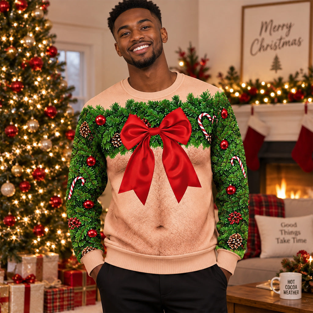 Funny Hairy Chest Wreath and Red Bow Ugly Christmas Sweater for Christmas Fans