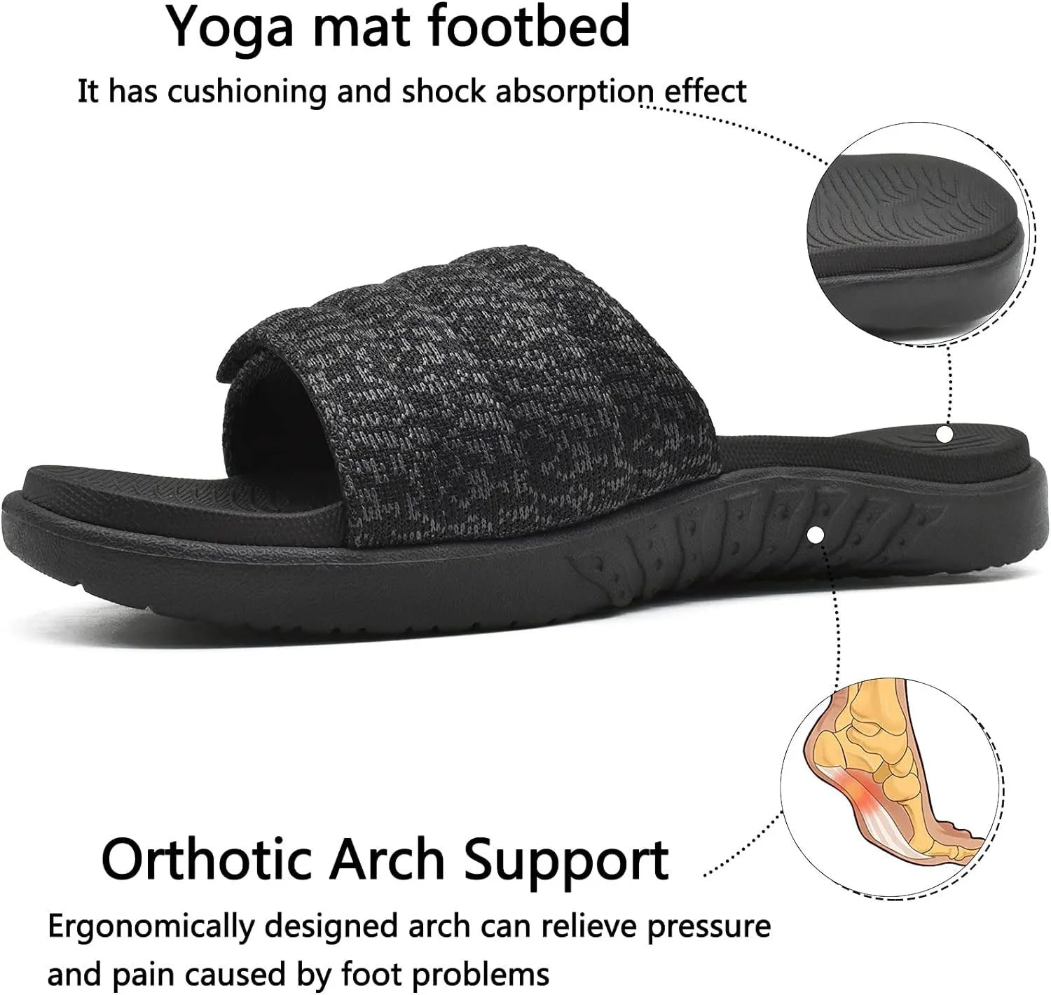 Mens Slide Sandals Open Toe Athletic Adjustable Straps Orthotic Plantar Sport Sandals with Soft Comfy Arch Support Footbed