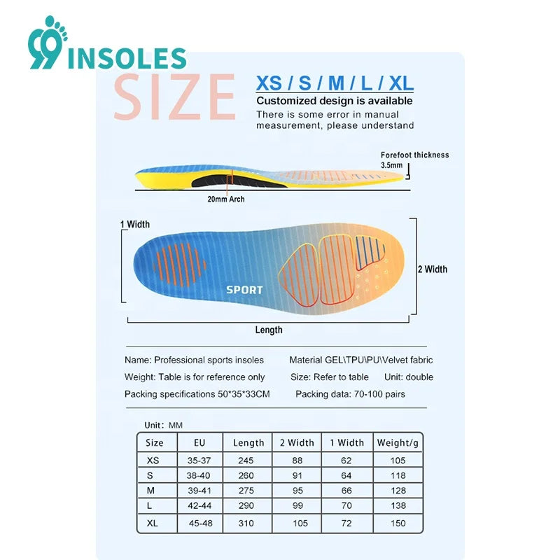 99insoles Plantar Fasciitis Shoe Inserts – Breathable PU Gel Athletic Insoles for Sports & Foot Pain Relief