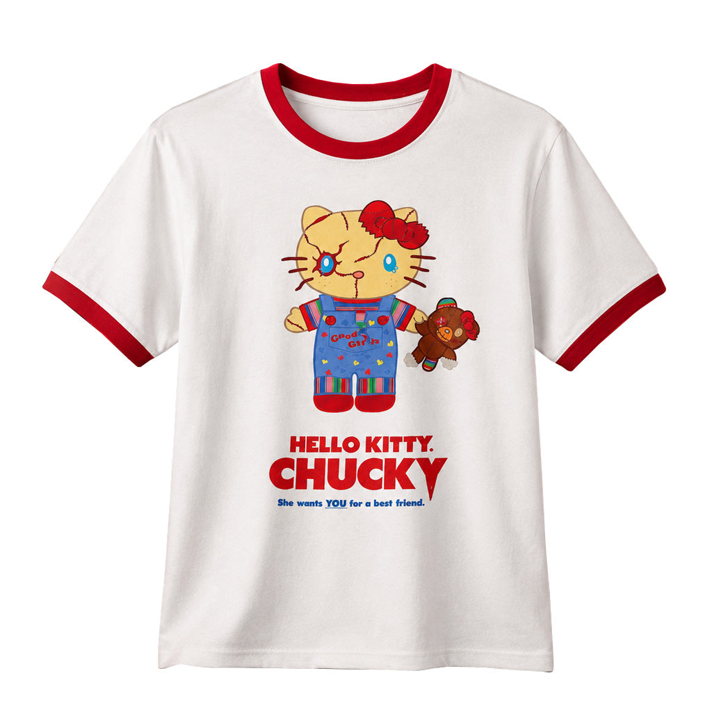 Hello Kitty x Chucky Graphic Ringer T-Shirt for Horror and Hello Kitty Fans