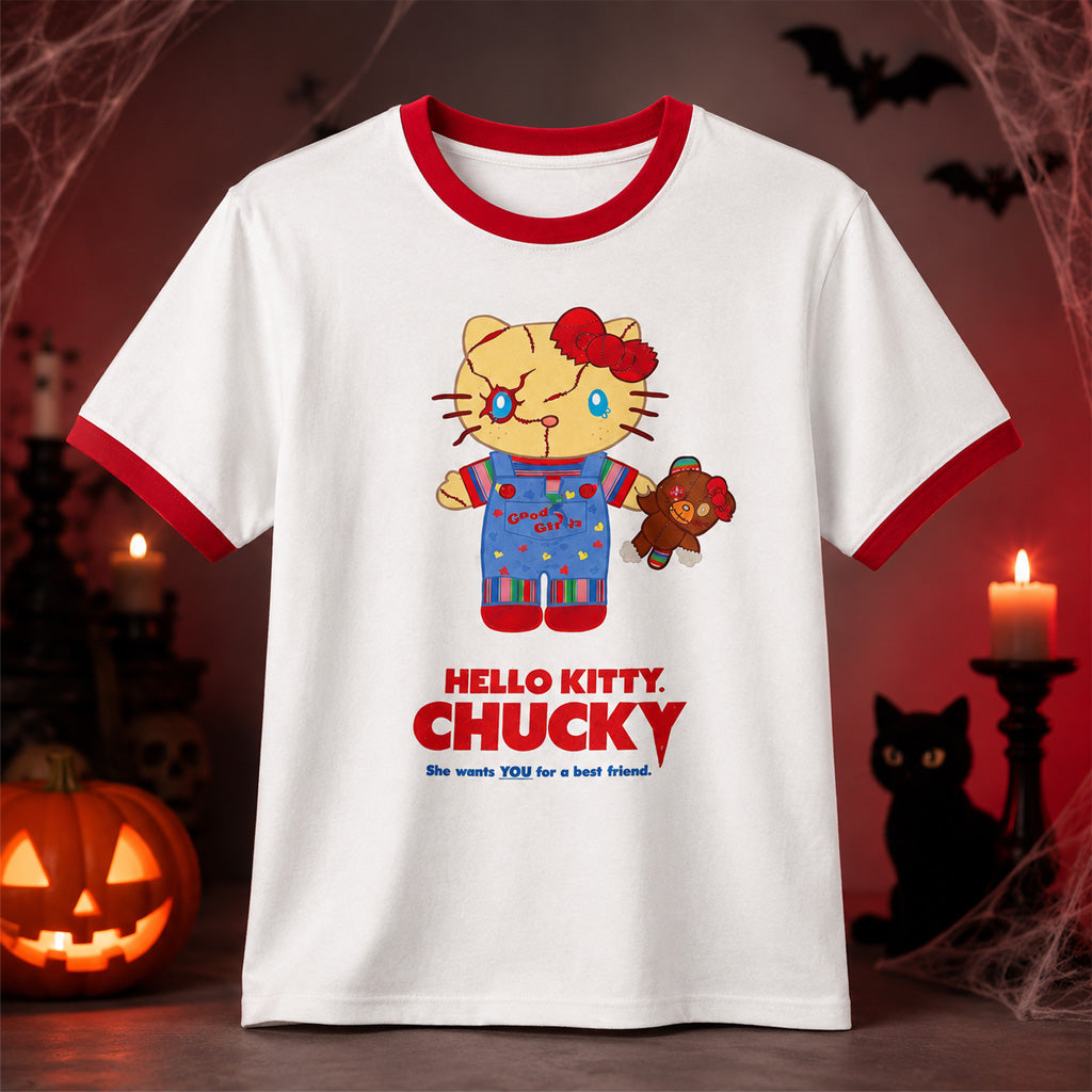 Hello Kitty x Chucky Graphic Ringer T-Shirt for Horror and Hello Kitty Fans