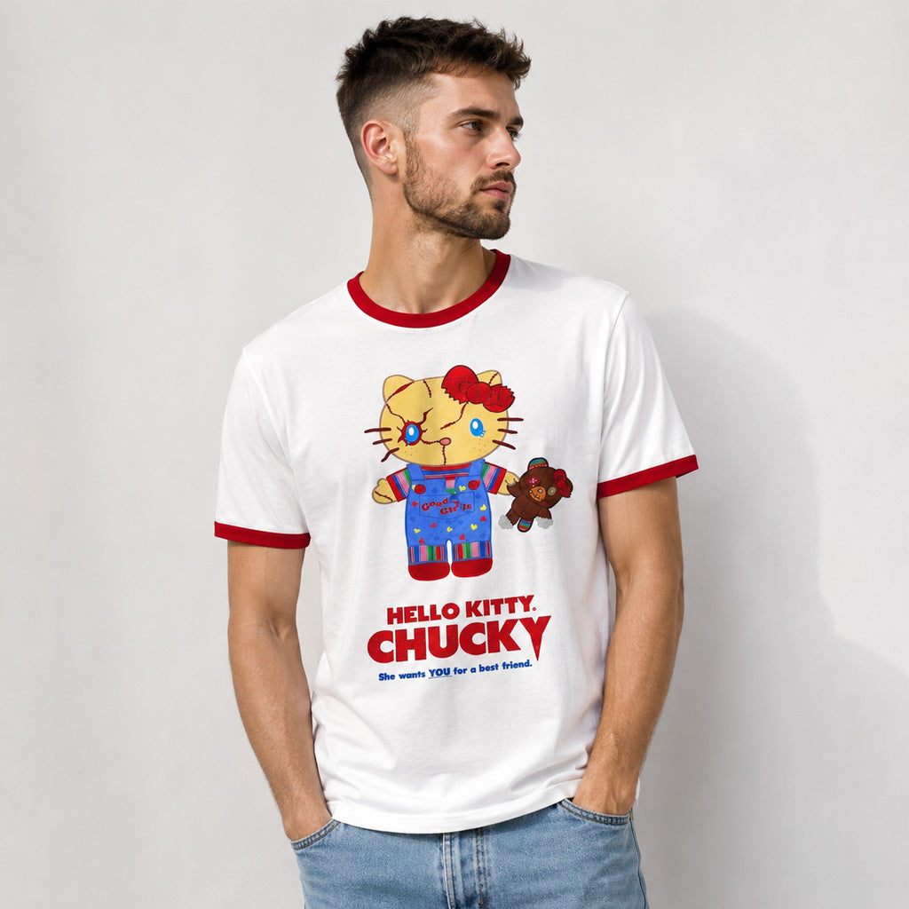 Hello Kitty x Chucky Graphic Ringer T-Shirt for Horror and Hello Kitty Fans