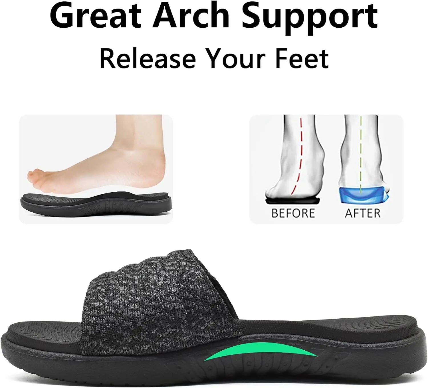 Mens Slide Sandals Open Toe Athletic Adjustable Straps Orthotic Plantar Sport Sandals with Soft Comfy Arch Support Footbed