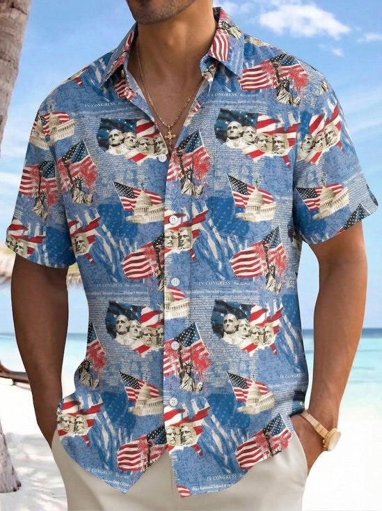 Holiday Mount Rushmore National Lan Hawaiian Button Shirt 4Th Of July Clothing Gift For Dad