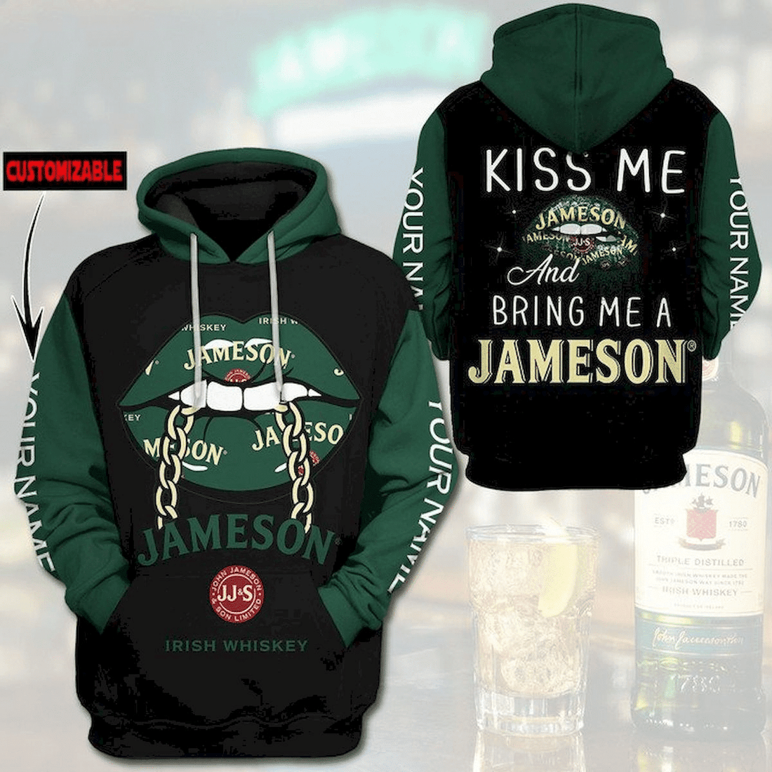 Jameson Irish Whiskey Lips Personalized Fan Gift, Jameson Irish Whiskey Aop Hoodie