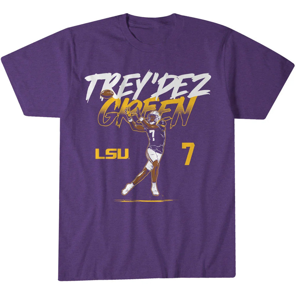 LSU Tigers Trey'Dez Green Name Number Pose Graphic Shirt for College Football Fans