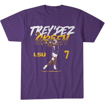 LSU Tigers Trey'Dez Green Name Number Pose Graphic Shirt for College Football Fans
