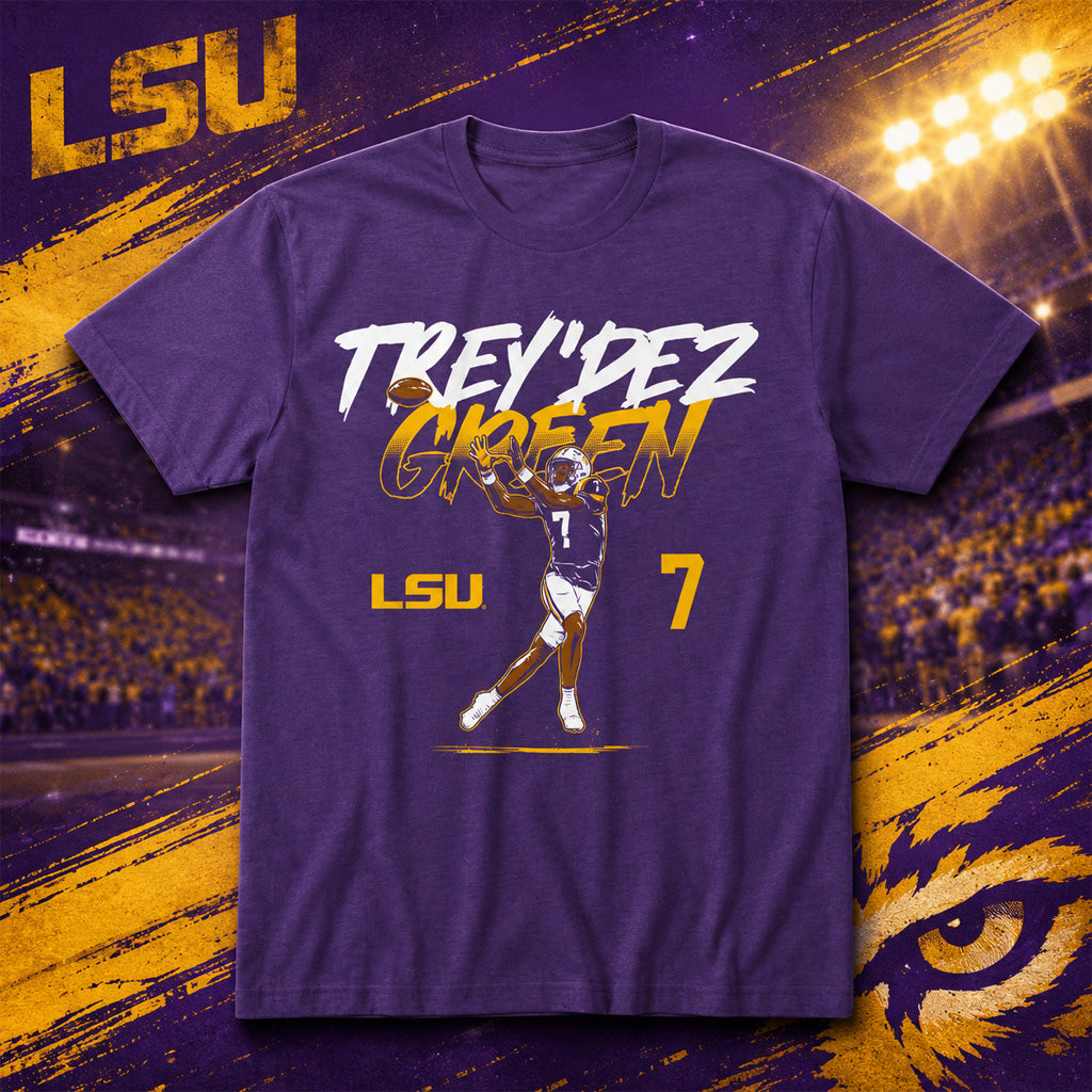 LSU Tigers Trey'Dez Green Name Number Pose Graphic Shirt for College Football Fans