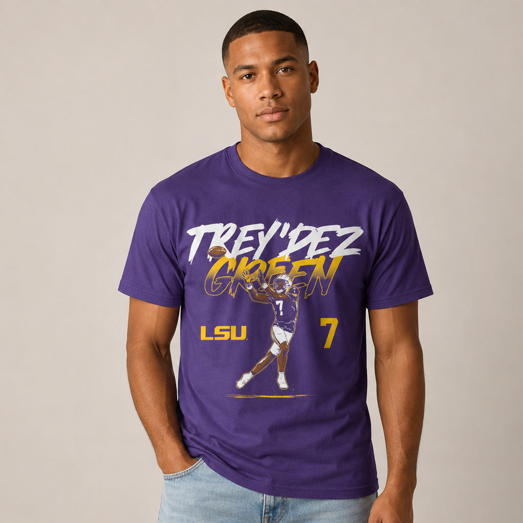 LSU Tigers Trey'Dez Green Name Number Pose Graphic Shirt for College Football Fans