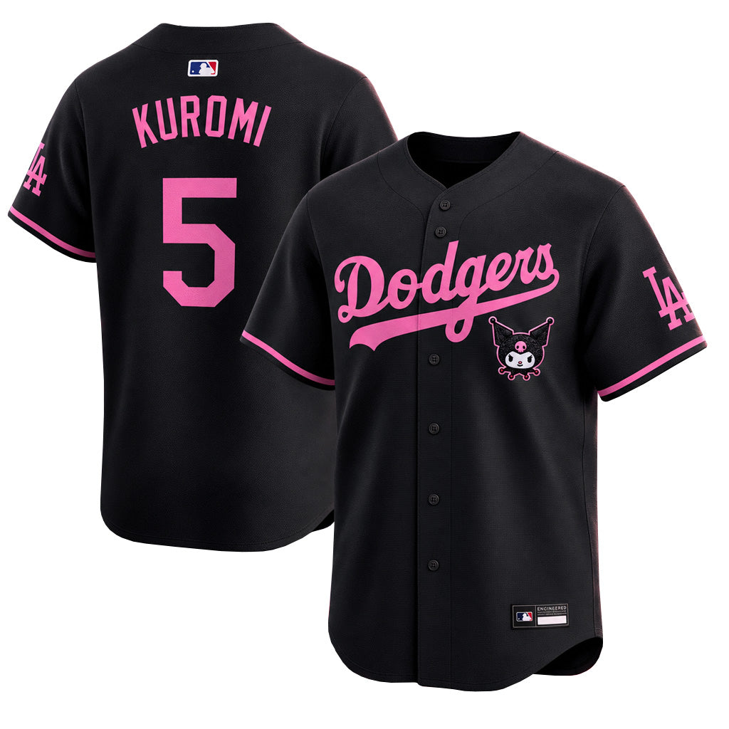 Custom Name And Number Los Angeles Dodgers x Kuromi Sanrio Friends Black Pink 2026 Baseball Jersey for Baseball and Sanrio Fans