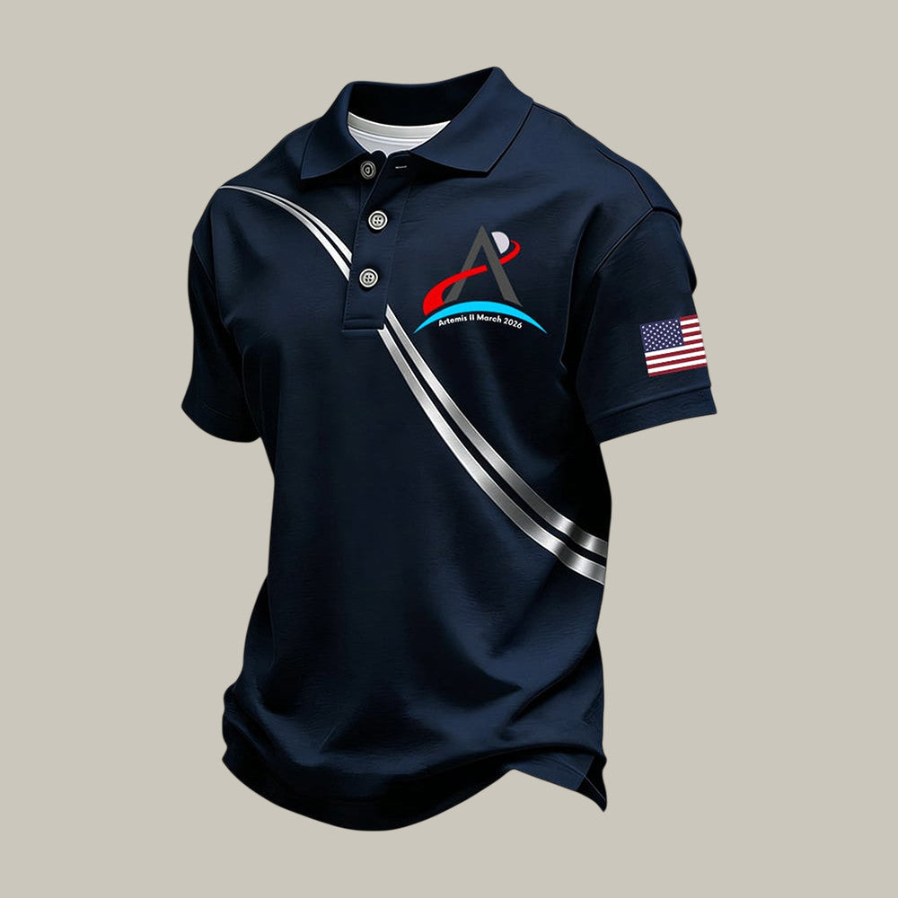 Mission American Flag Polo Shirt NASA Moon Mission 2026 Clothing Line Gift For Coworkers Retro 2026 Artemis II