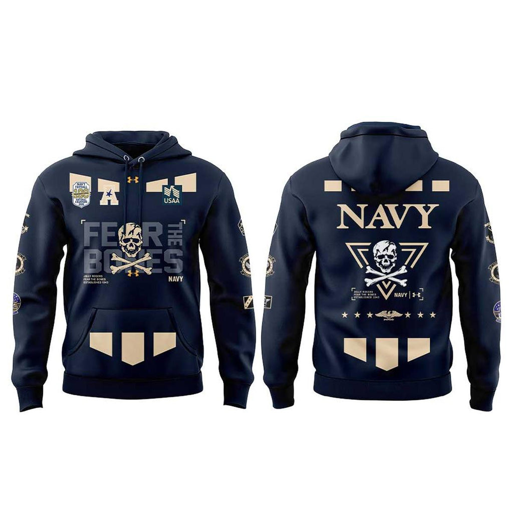 Navy Under Armour 100th Anniversary 2026 Fear The Bones Graphic Hoodie for Navy Football Fans
