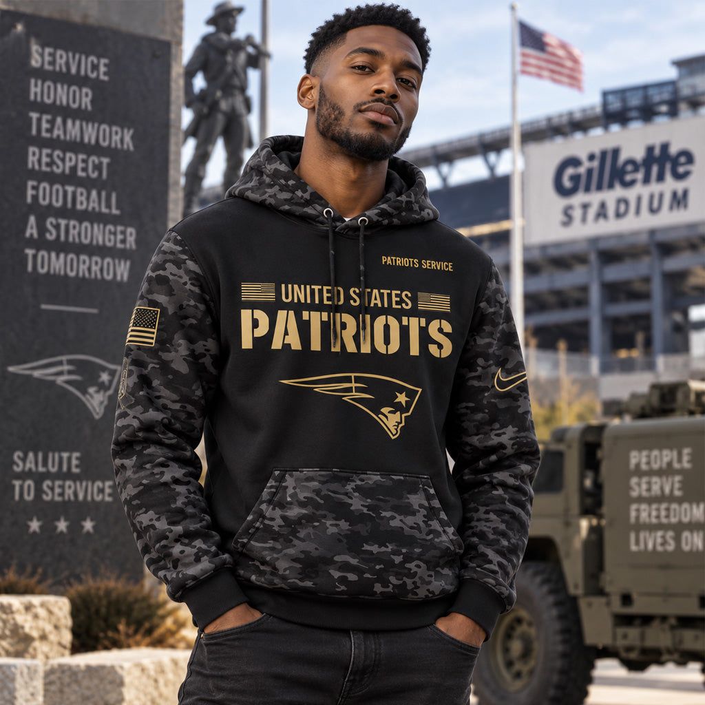 New England Patriots Salute To Service 2026 Black Camo Graphic Hoodie Version 1 for Football Fans