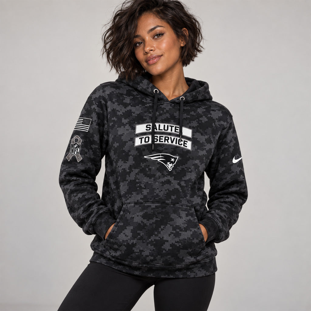 New England Patriots Salute To Service 2026 Black Camo Graphic Hoodie Version 2 for Football Fans