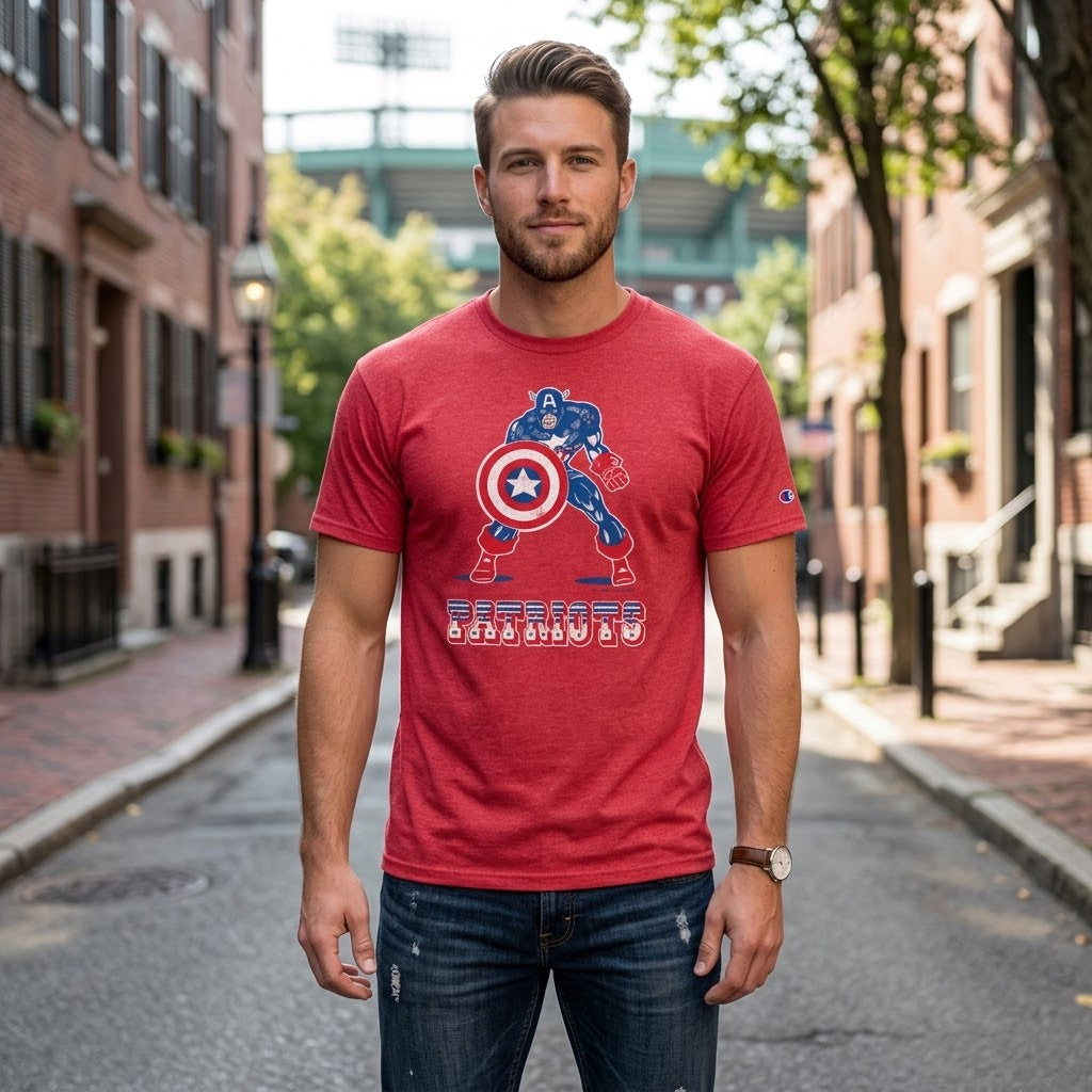 New England Patriots x Captain America 2026 Graphic Shirt for Football and Marvel Fans