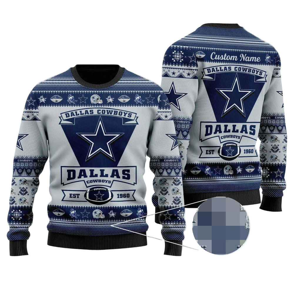 Personalized Ugly Christmas Sweater Dallas-Cowboys, America's Team Blue/Grey Custom Name Gift For Football Fan Ugly Xmas Jumper