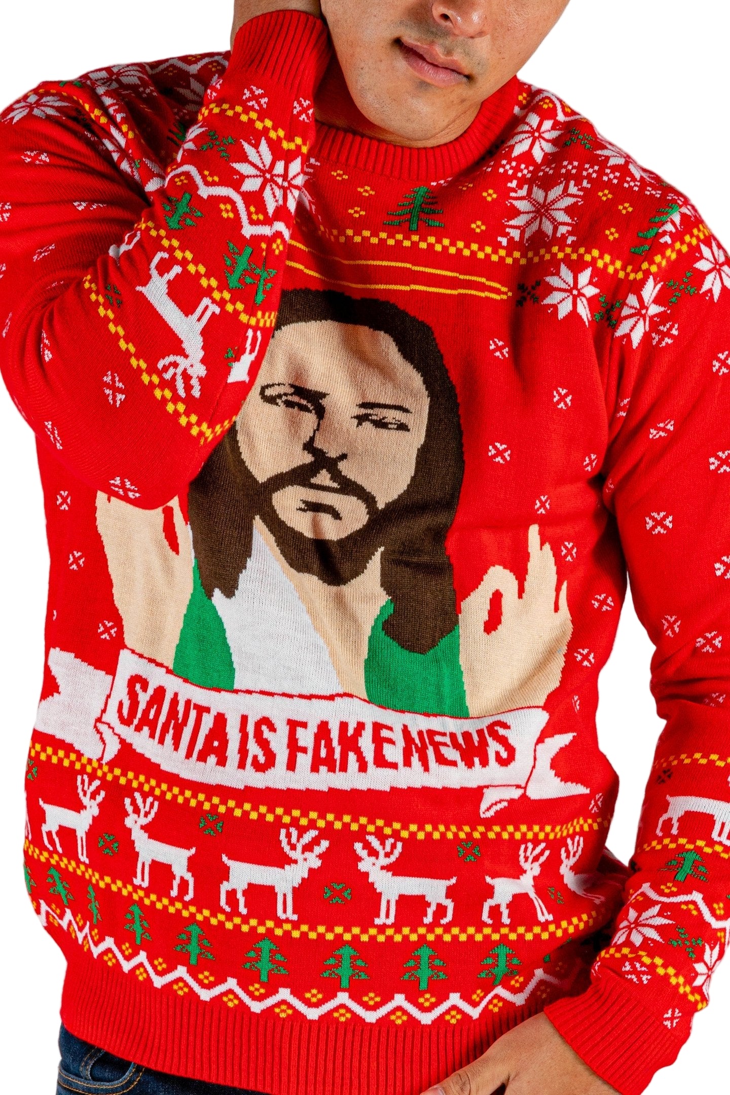 Red Jesus Print Ugly Christmas Sweater | Santa Is Fake News