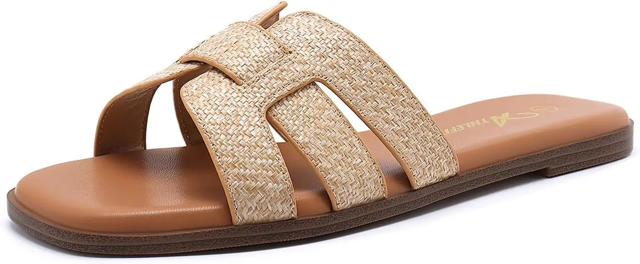 Women's Flat Sandals Dressy Summer Square Open Toe Slip On Leather Slide Sandals