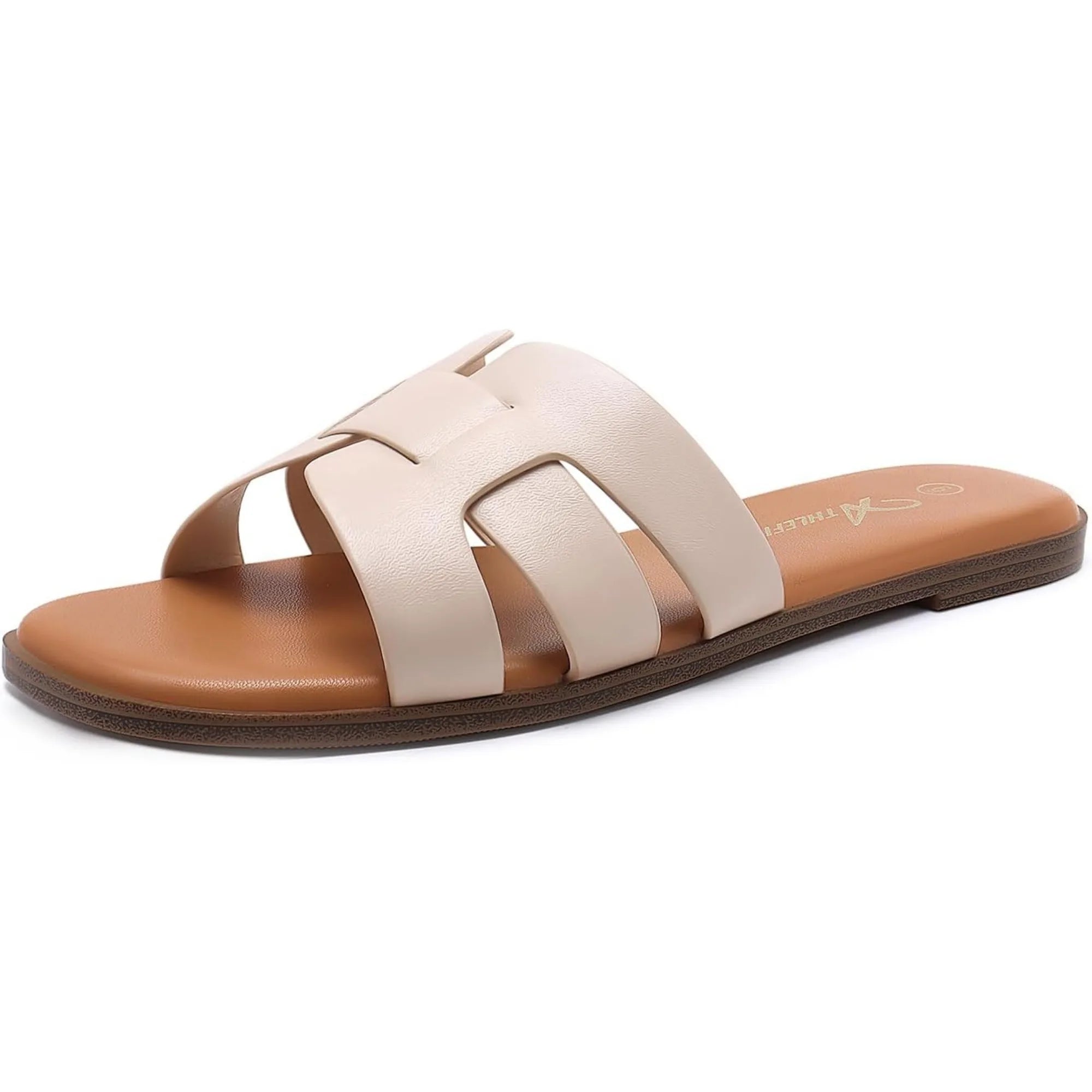 Women's Flat Sandals Dressy Summer Square Open Toe Slip On Leather Slide Sandals