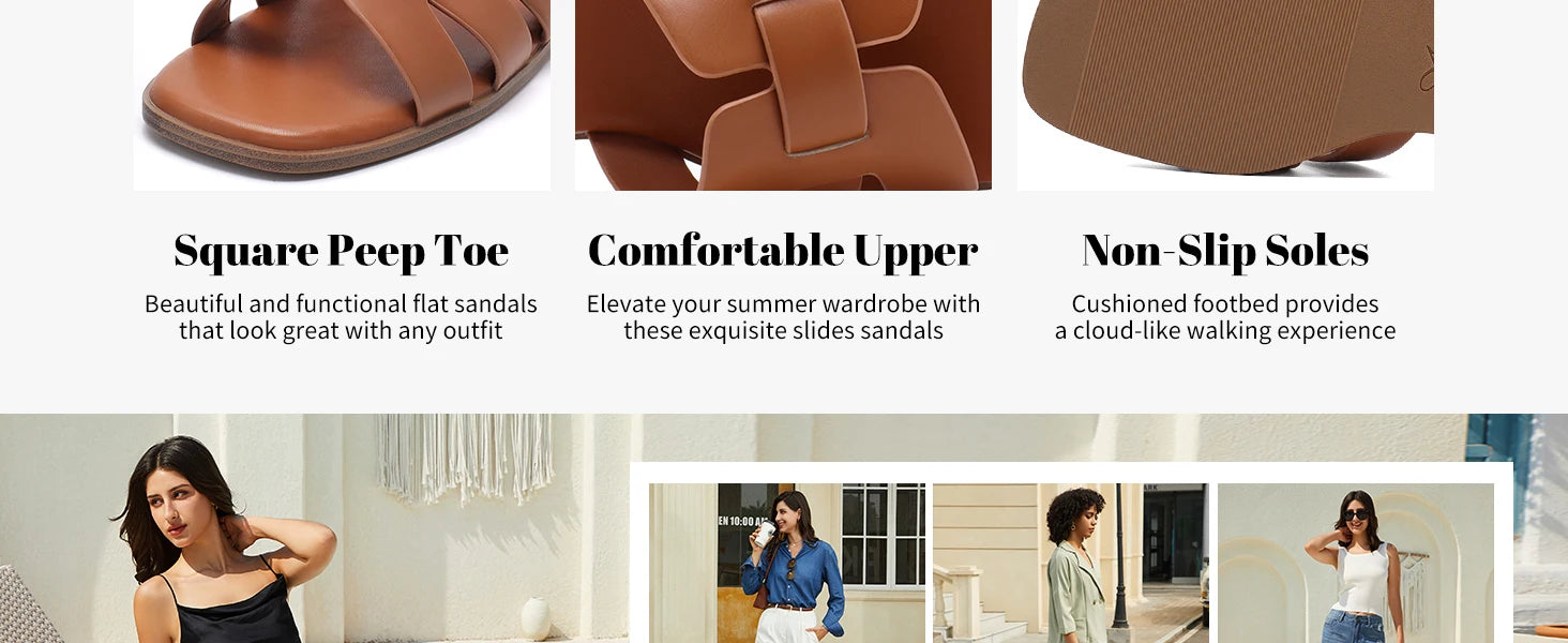 Women's Flat Sandals Dressy Summer Square Open Toe Slip On Leather Slide Sandals