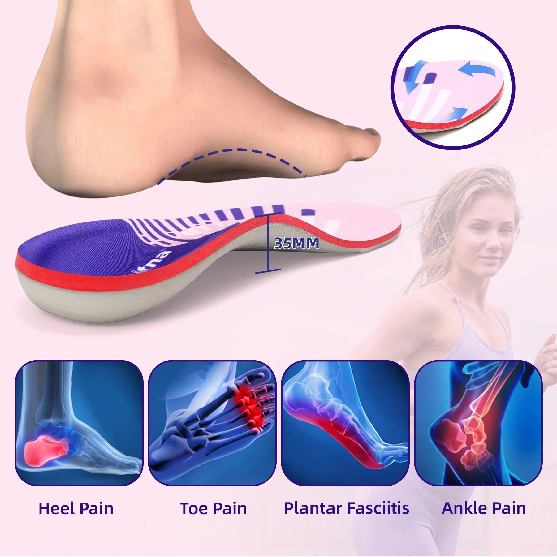 High Arch Support Inserts Plantar Fasciitis Relief Metatarsal Pain Orthotics Flat Feet Insoles Women Standing All Day Heel Pad