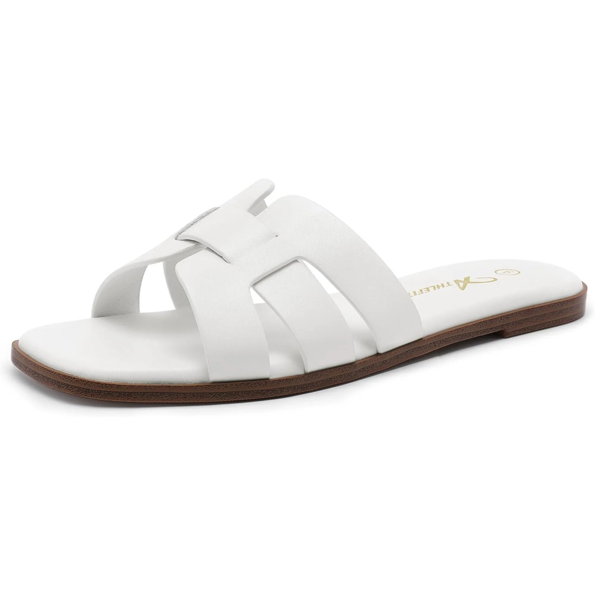 Women's Flat Sandals Dressy Summer Square Open Toe Slip On Leather Slide Sandals