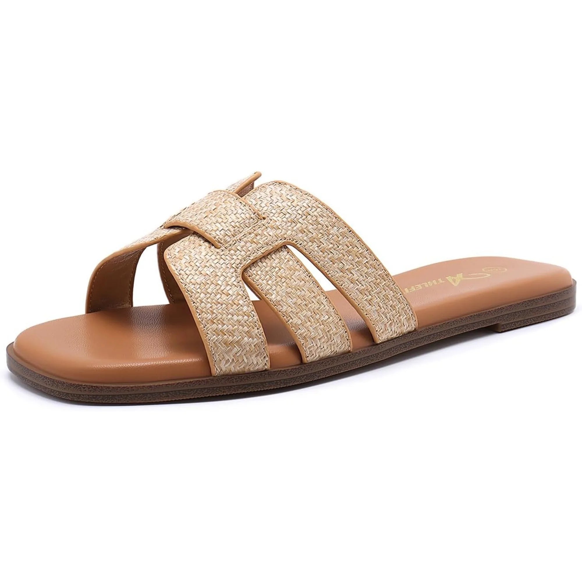 Women's Flat Sandals Dressy Summer Square Open Toe Slip On Leather Slide Sandals