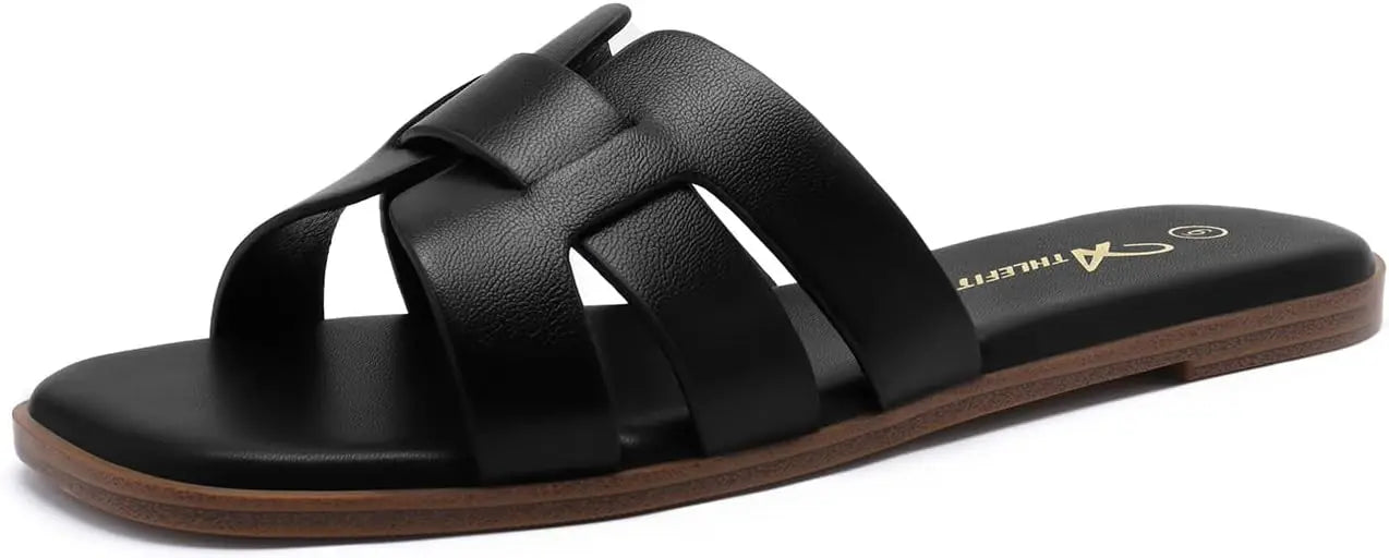 Women's Flat Sandals Dressy Summer Square Open Toe Slip On Leather Slide Sandals