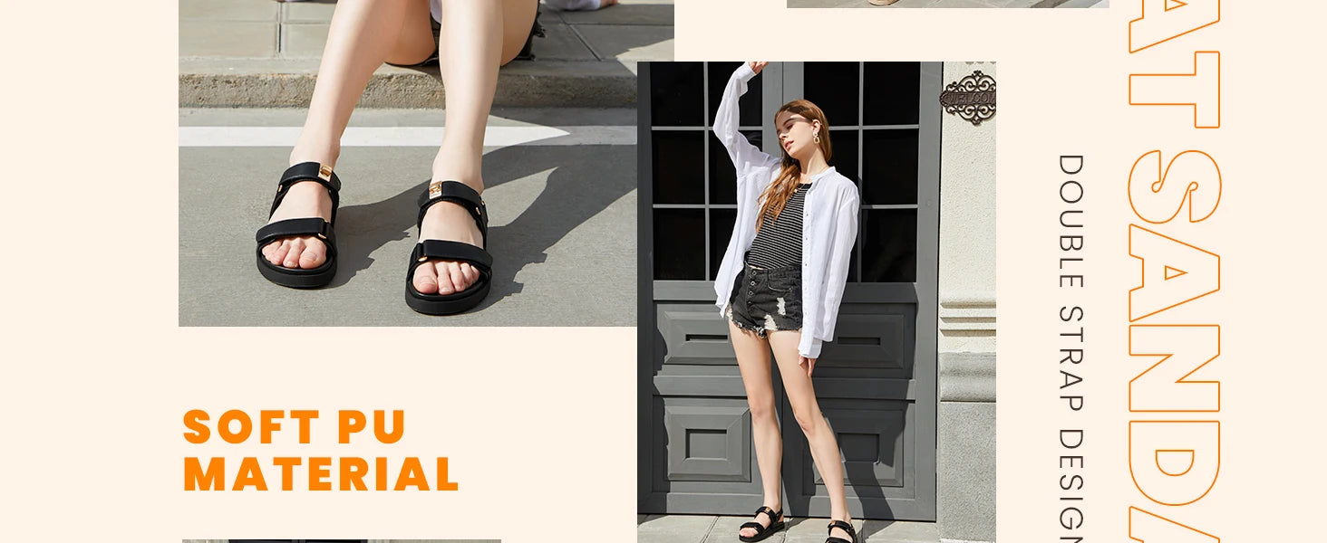 Women's Flat Sandals Comfort Adjustable Double Strap Slip on Leather Footbed Sandals shoes for women