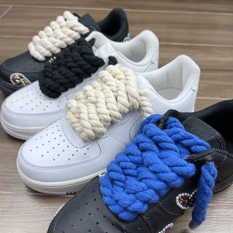 2 pair/set Vintage DIY Linen Cotton Weaving Style Bold Shoelaces Low-top Canvas Green Shoes laces Women Men Shoelaces Dropship