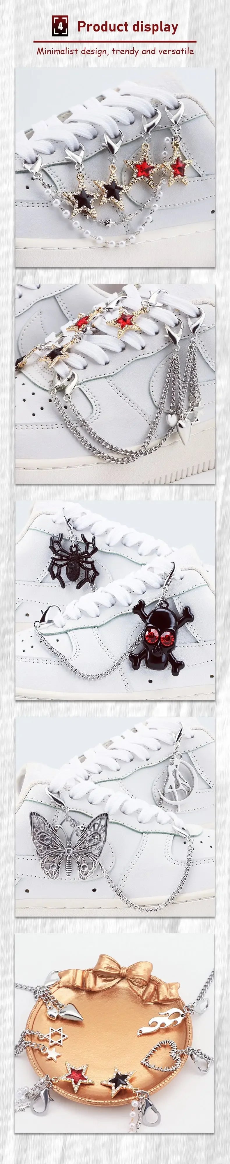 1PCS DIY Heart Star Pearl Shoe Chain Punk Original Detachable Studded Pentagram Shoe Accessories Jewelry Penda