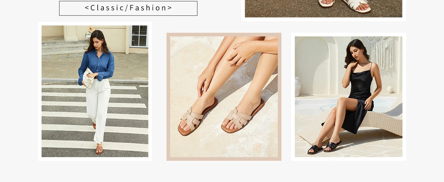 Women's Flat Sandals Dressy Summer Square Open Toe Slip On Leather Slide Sandals