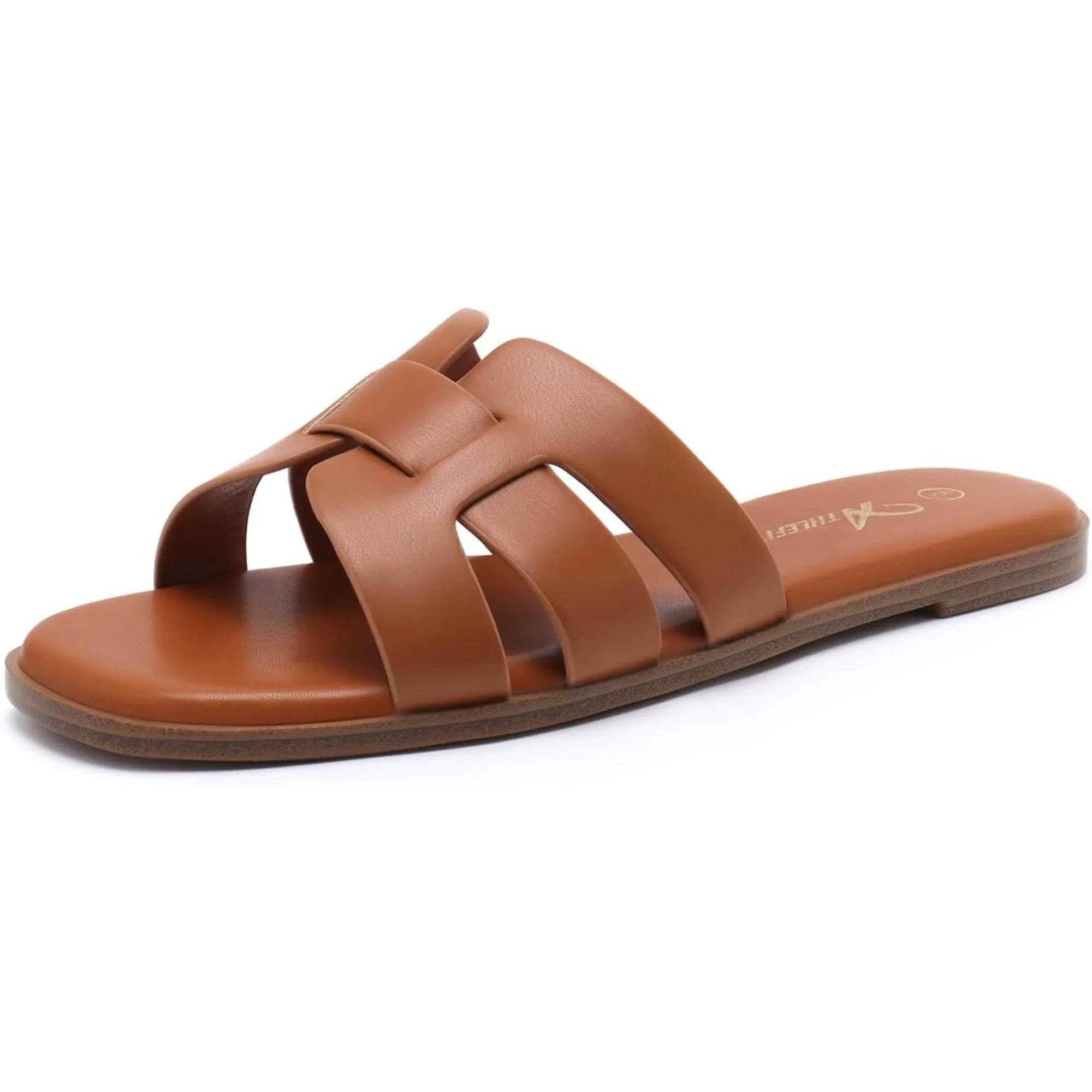 Women's Flat Sandals Dressy Summer Square Open Toe Slip On Leather Slide Sandals